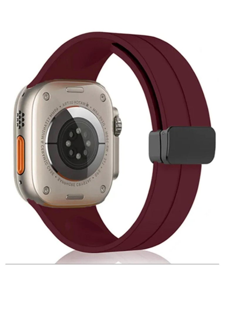 Silicone Replacement Band with Magnetic Lock Compatible with Apple Watch Series 9/Ultra/Ultra 2 Burgundy Color - Image 1