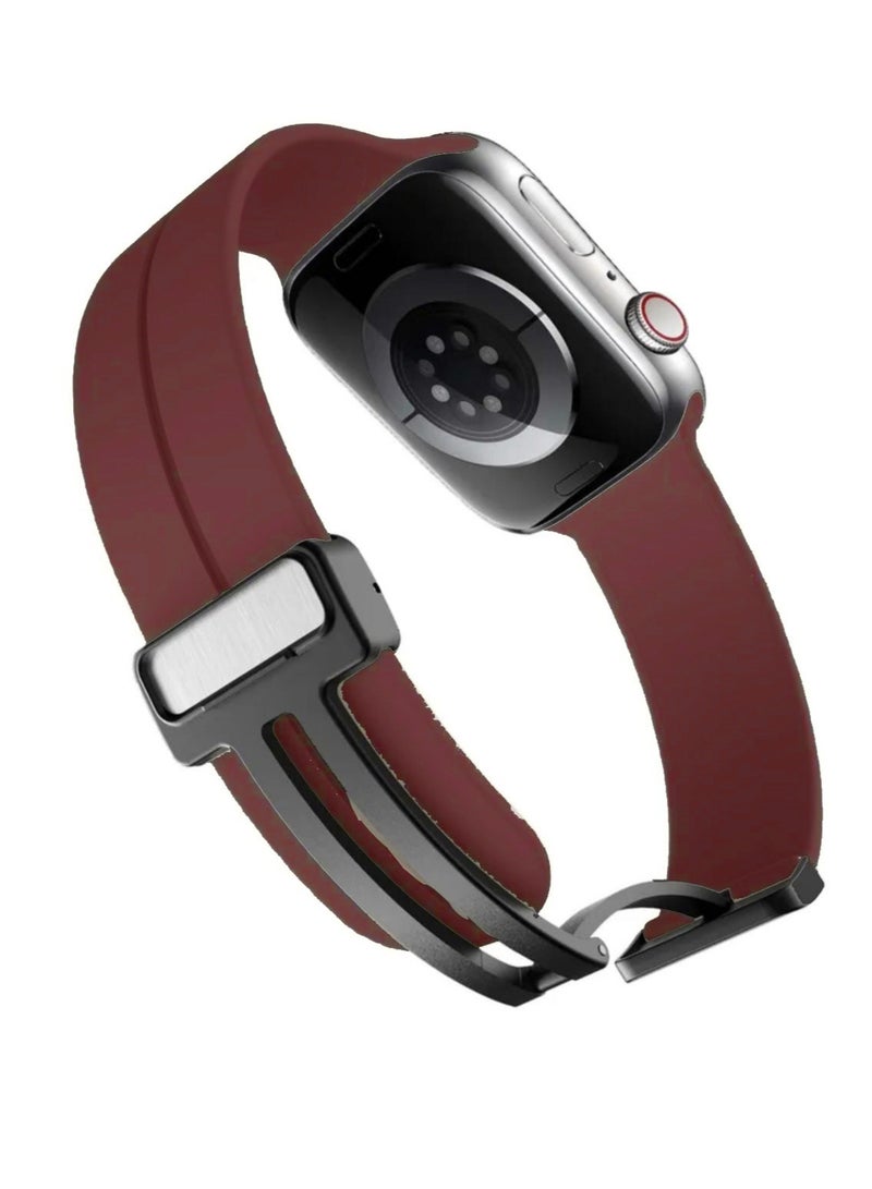 Silicone Replacement Band with Magnetic Lock Compatible with Apple Watch Series 9/Ultra/Ultra 2 Burgundy Color - Image 2