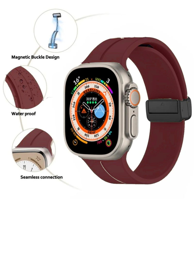Silicone Replacement Band with Magnetic Lock Compatible with Apple Watch Series 9/Ultra/Ultra 2 Burgundy Color - Image 3