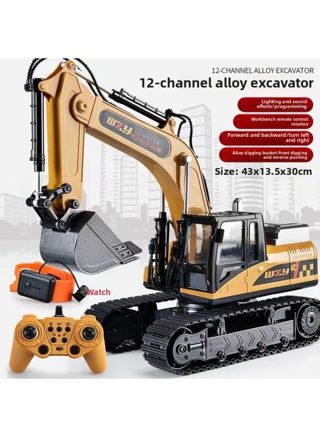 Children's Remote Control Car Alloy Excavator Simulation Excavator Engineering Car Toy Car Car Boy Gift-Color:Watch Dual Control (yellow) 12-way Excavator 【color Box Alloy Version】-Scale:Comes With 3 Sets Of Rechargeable Batteries + Charger - Image 1