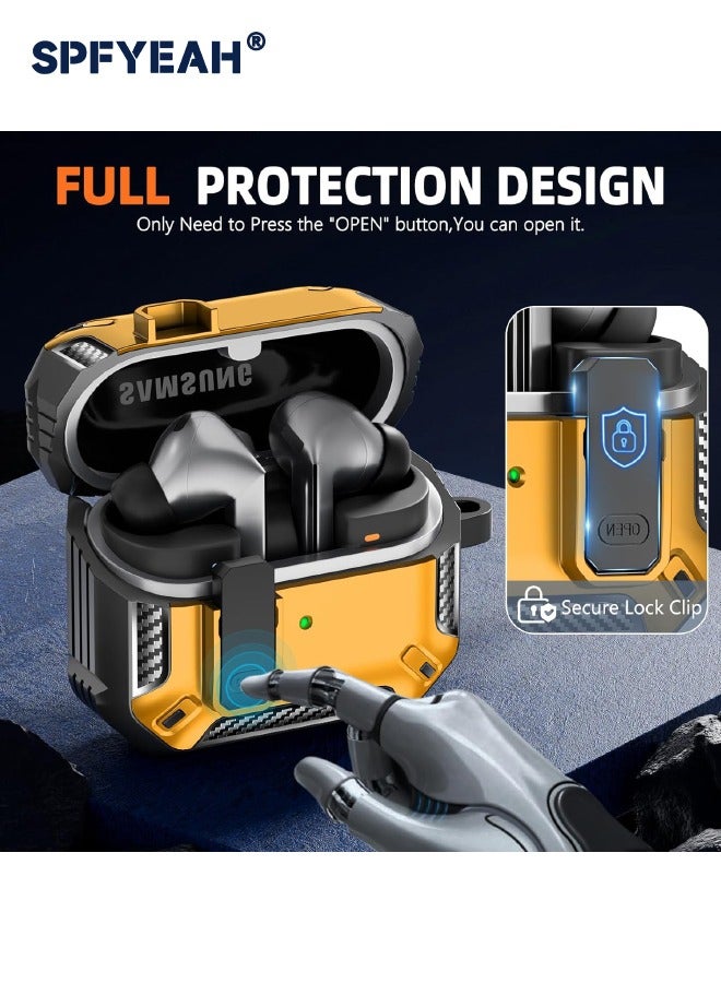 SPFYEAH Compatible with Samsung Galaxy Buds 3/Buds 3 Pro Case, with Secure Lock Clip & Keychain & Cleaner kit, Hard Shell Rugged Shockproof Carbon Fiber Protection Cover for Samsung Galaxy Buds 3 & 3 Pro (2024), Yellow  - Image 4