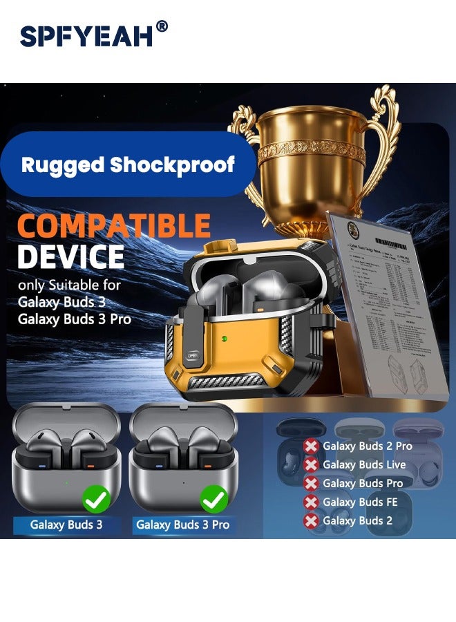 SPFYEAH Compatible with Samsung Galaxy Buds 3/Buds 3 Pro Case, with Secure Lock Clip & Keychain & Cleaner kit, Hard Shell Rugged Shockproof Carbon Fiber Protection Cover for Samsung Galaxy Buds 3 & 3 Pro (2024), Yellow  - Image 2