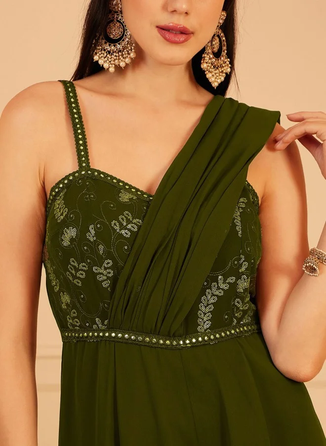 Indo Street Olive Green Self Design Basic Jumpsuit for Women