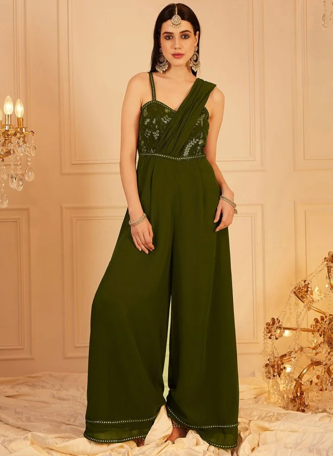 Indo Street Olive Green Self Design Basic Jumpsuit for Women