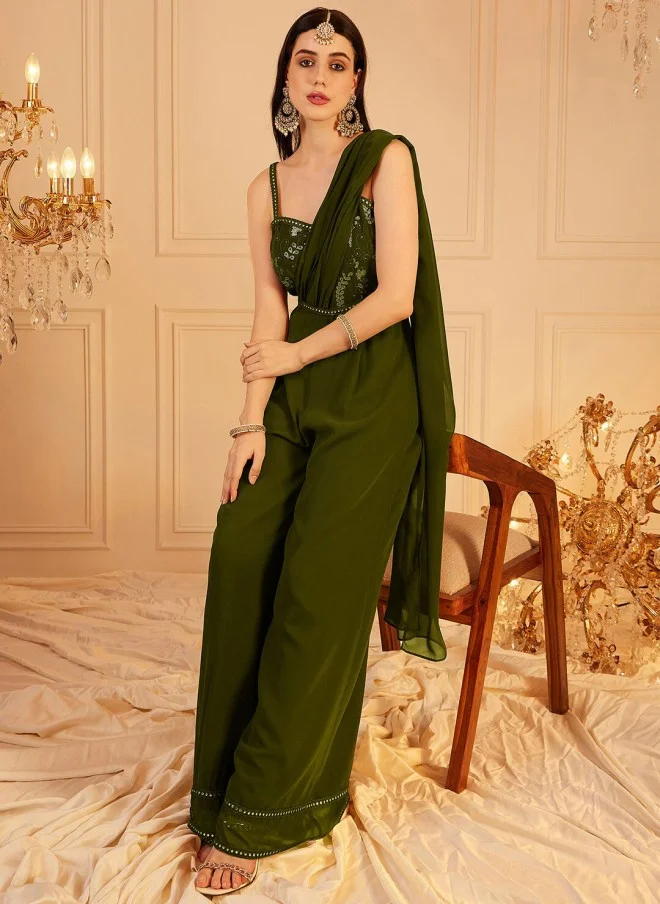 Indo Street Olive Green Self Design Basic Jumpsuit for Women