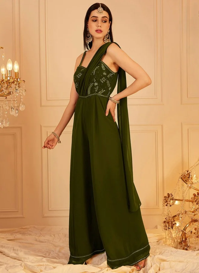 Indo Street Olive Green Self Design Basic Jumpsuit for Women