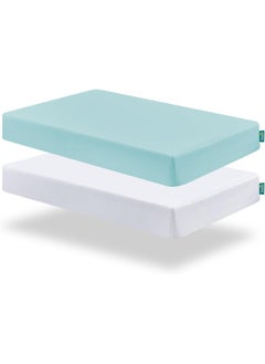 Biloban Biloban Mini Crib Sheets Fitted, 2 Pack Portable Playard Pack N Play Sheet, Ultra Soft Microfiber Pack and Play Sheets, White & Aqua, Preshrunk  - Image 1