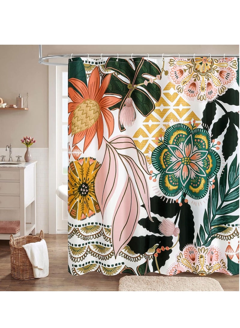 KASTWAVE Floral Shower Curtain Set, with Hooks, Tropical Leaves Fabric Cloth Shower Curtains, Watercolor Plant Leaves with Floral Bathroom Shower Curtain, for Rustic Vintage Bathroom Decor, 70x70  - Image 1