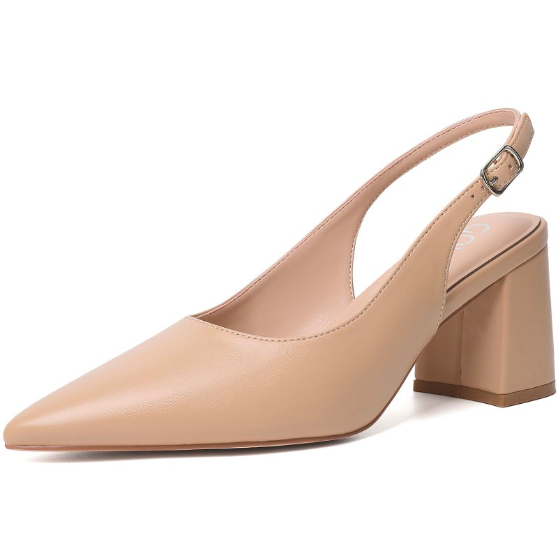Mostrin Nude Block Slingback Heels for Women Beige Pointed Closed Toe Chunky Heels Office Work Shoes Women's Pumps for Business Casual - Image 1