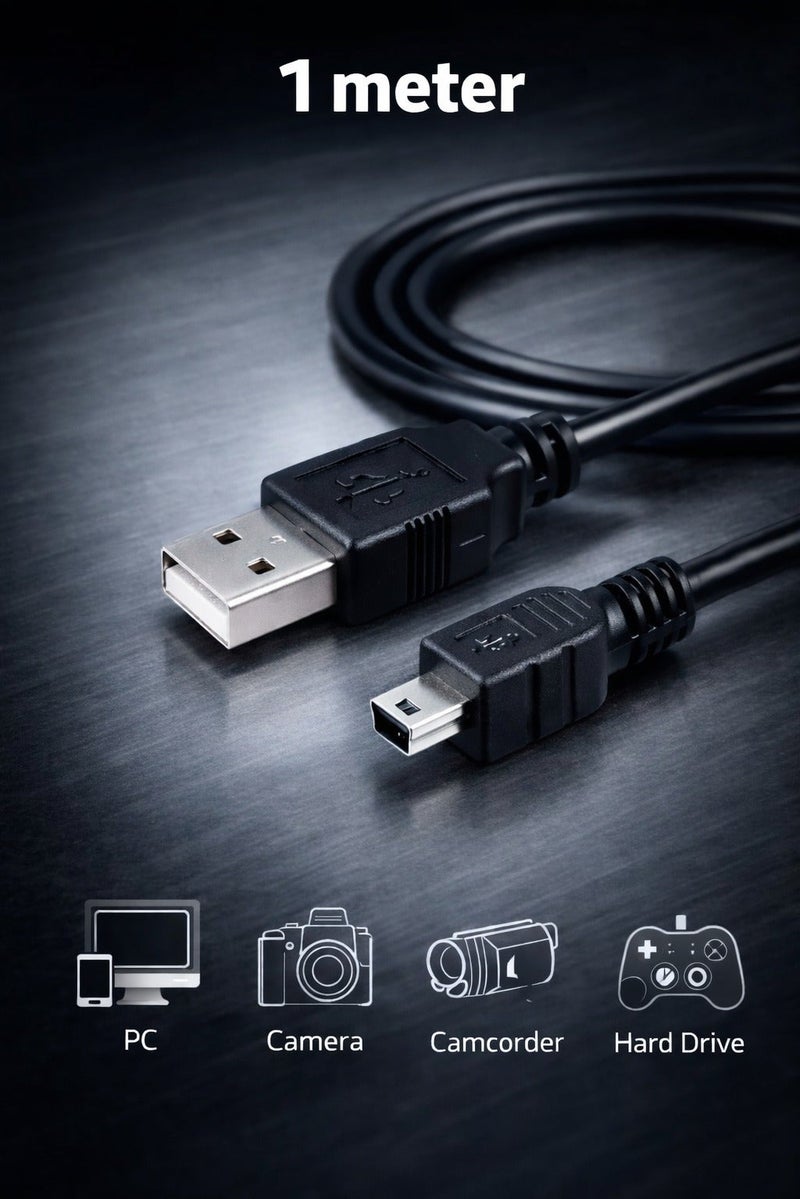 1M Mini USB Cable, USB Type-A to Mini USB 5-Pin, Sync & Charge Cable for Digital Camera, GPS, PDA, MP3, MP4 & PlayStation 3 Controller - Image 2