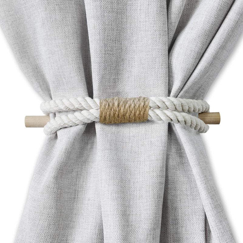 warmtone Curtain Tiebacks Rustic Holdbacks for Drapes, Farmhouse Tie Backs for Curtains, Cotton Jute Rope with Wood Club, Natural Boho Decor Shabby Chic Drapery Holder, Pack-2 - Image 1