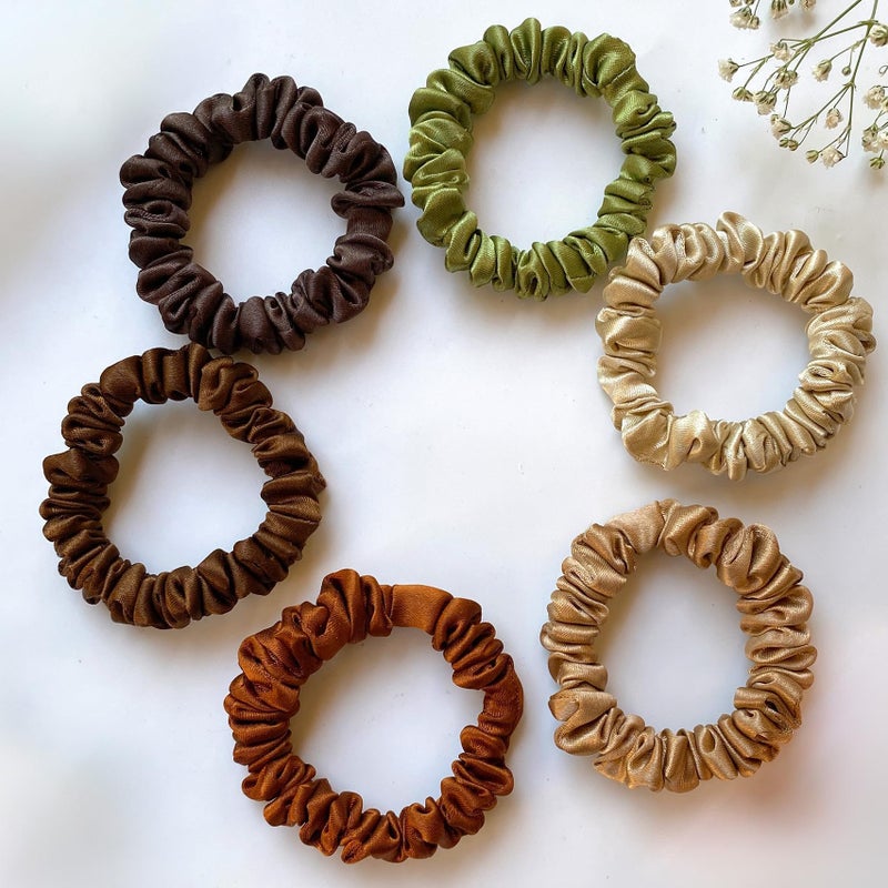 SILVR BEAR Luxury Satin Scrunchies Soft Skinny Ponytail Holders for Thin Hair Women Girls and Men Softer than Silk 6 Pack Earthy Skinny