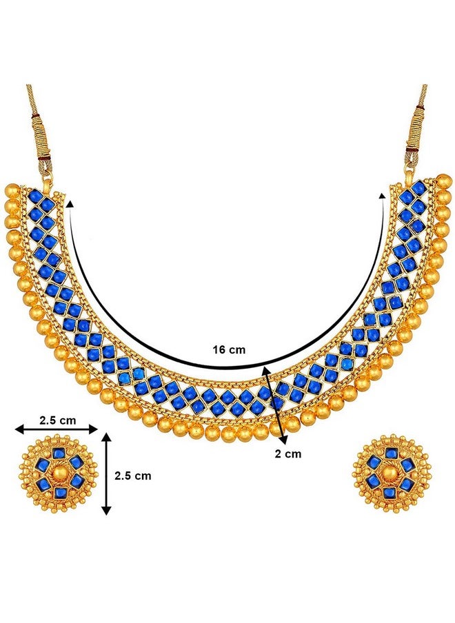 Aheli Ethnic Wedding Party Wear Gold Tone Faux Stone Studded Necklace With Stud Earrings Set Indian Bollywood Fashion Jewelry For Women  - Image 2
