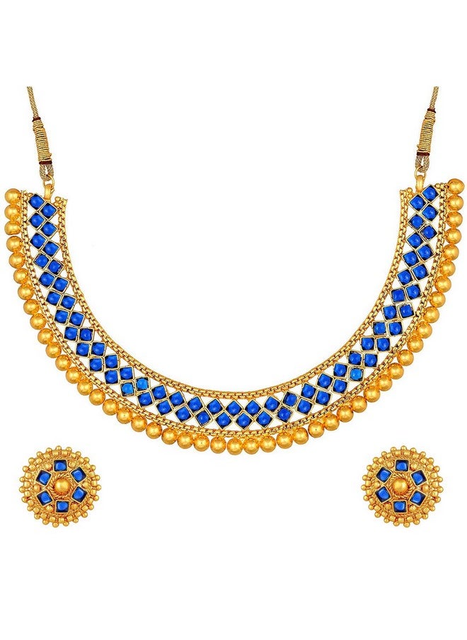 Aheli Ethnic Wedding Party Wear Gold Tone Faux Stone Studded Necklace With Stud Earrings Set Indian Bollywood Fashion Jewelry For Women  - Image 1