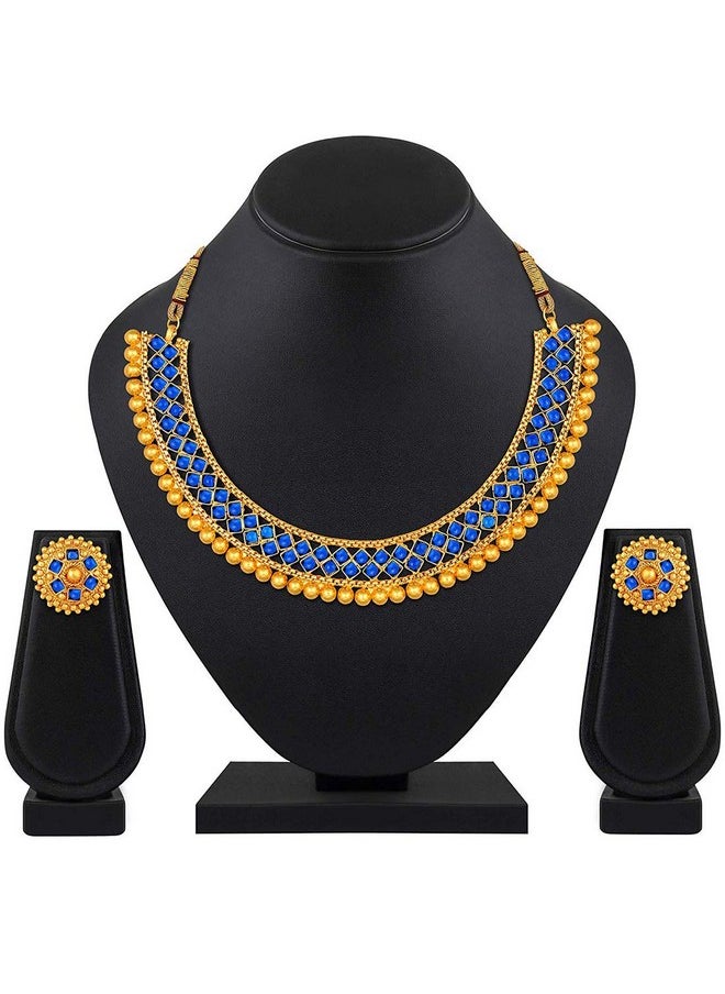 Aheli Ethnic Wedding Party Wear Gold Tone Faux Stone Studded Necklace With Stud Earrings Set Indian Bollywood Fashion Jewelry For Women  - Image 5