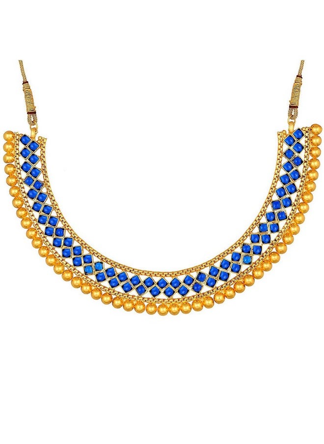 Aheli Ethnic Wedding Party Wear Gold Tone Faux Stone Studded Necklace With Stud Earrings Set Indian Bollywood Fashion Jewelry For Women  - Image 3