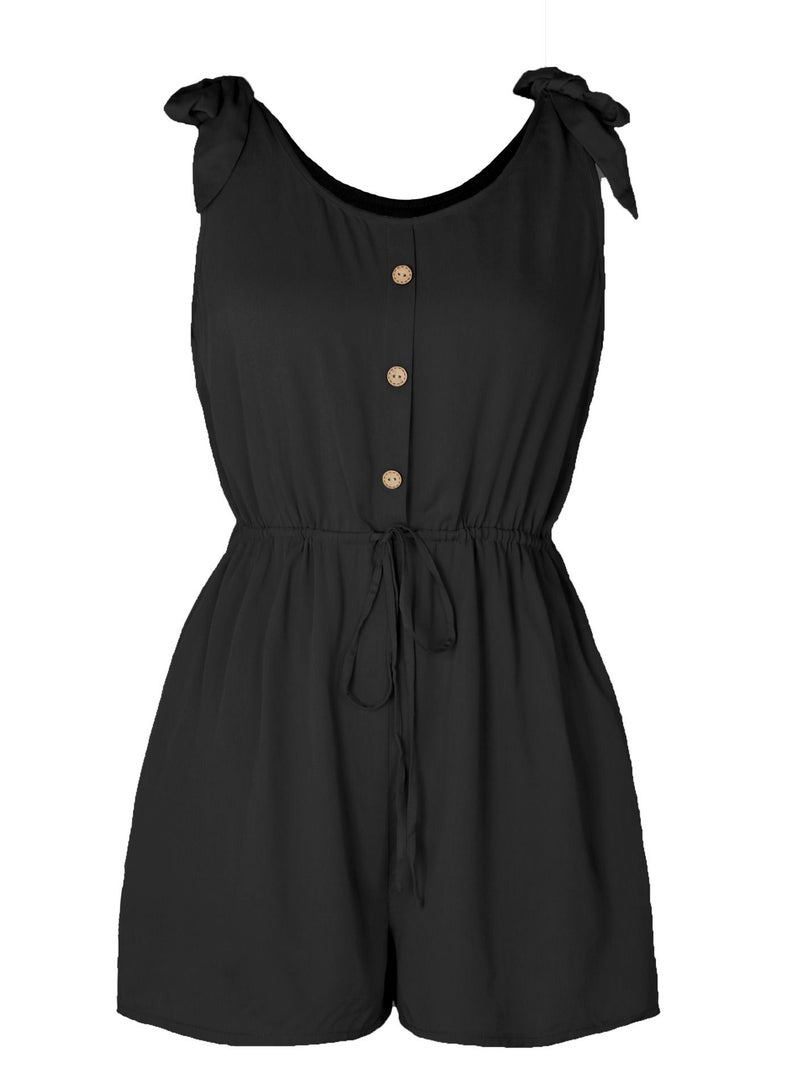 Loquat Women's Coconut Buckle Sleeveless Lace-up Solid Color Elastic Waist Suspender Loose Jumpsuit 