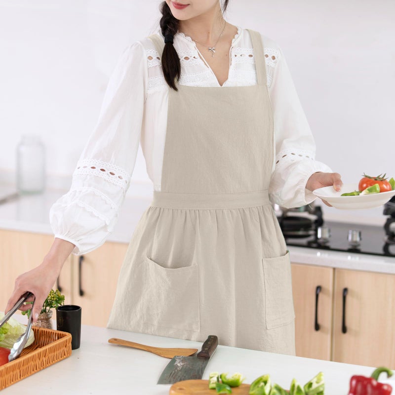 Pinknoke Cotton Linen Pinafore Apron Dress for Women with Pockets Cute Art Chef Aprons for Kitchen Baking Gardening Painting - Image 2