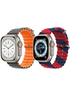 Silicone Ocean Band Strap for Apple Watch Ultra 8 49mm Gray/Orange Double Side Strap with Red/Blue Double Line Strap Set of 2