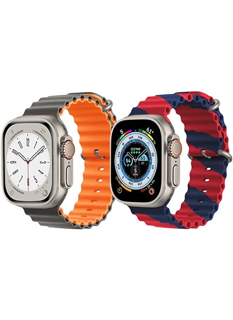 Silicone Ocean Band Strap for Apple Watch Ultra 8 49mm Gray/Orange Double Side Strap with Red/Blue Double Line Strap Set of 2