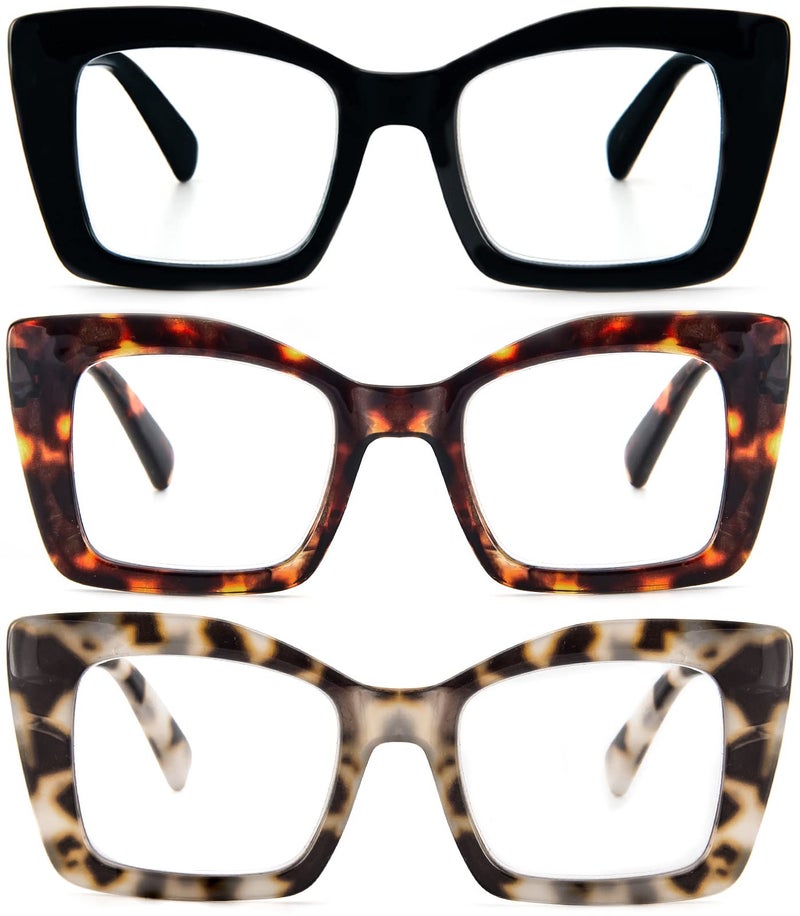 REAVEE 3 Pack Oversized Square Reading Glasses Oprah Style for Women Blue Light Blocking Large Frame Computer Designer Fashion Readers with Spring Hinge BlackTortoiseGrey Tortoise175