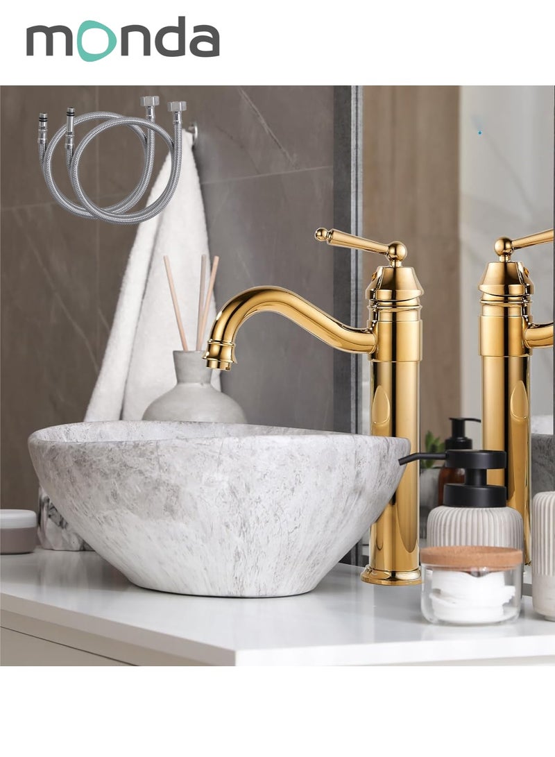 Monda Bathroom Vessel Sink Faucet Single Handle Brass Long Reach Bathroom Faucet 1 Hole Deck Mounted Mixer Tap with Pop Up Drain Polished Gold - Image 1