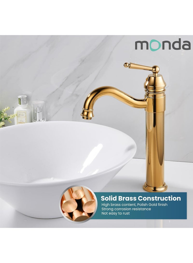 Monda Bathroom Vessel Sink Faucet Single Handle Brass Long Reach Bathroom Faucet 1 Hole Deck Mounted Mixer Tap with Pop Up Drain Polished Gold - Image 3