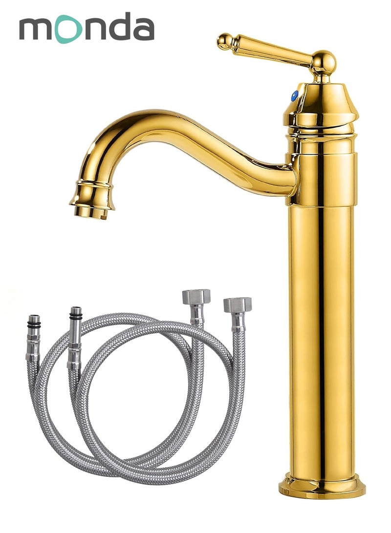 Monda Bathroom Vessel Sink Faucet Single Handle Brass Long Reach Bathroom Faucet 1 Hole Deck Mounted Mixer Tap with Pop Up Drain Polished Gold - Image 2