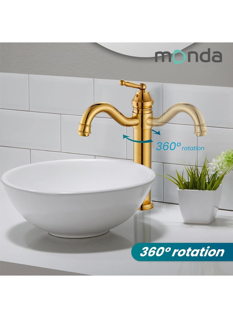 Monda Bathroom Vessel Sink Faucet Single Handle Brass Long Reach Bathroom Faucet 1 Hole Deck Mounted Mixer Tap with Pop Up Drain Polished Gold - Image 5