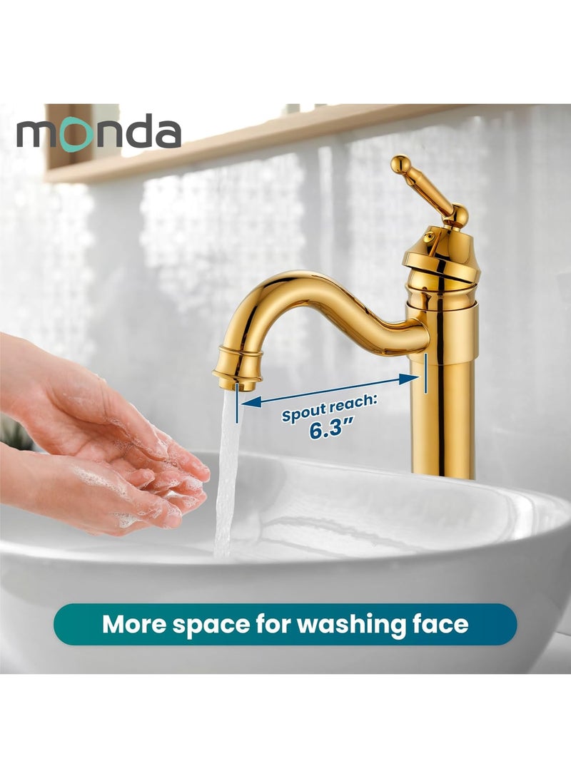 Monda Bathroom Vessel Sink Faucet Single Handle Brass Long Reach Bathroom Faucet 1 Hole Deck Mounted Mixer Tap with Pop Up Drain Polished Gold - Image 4