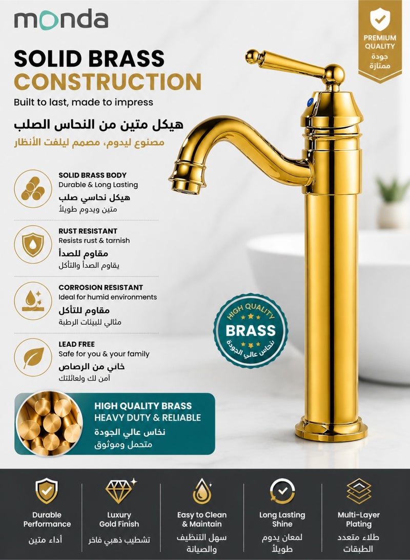 Monda Bathroom Vessel Sink Faucet Polished Gold Single Handle Brass Mixer Tap Tall Bathroom Faucet Hot And Cold Water Basin Faucet With Pop Up Drain 1 Hole Deck Mounted Wash Basin Faucet For Vessel Sink Vanity Countertop Bathroom - Image 2