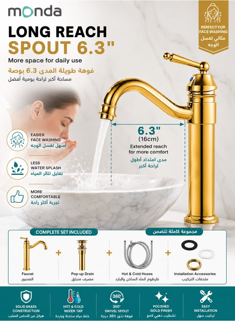Monda Bathroom Vessel Sink Faucet Polished Gold Single Handle Brass Mixer Tap Tall Bathroom Faucet Hot And Cold Water Basin Faucet With Pop Up Drain 1 Hole Deck Mounted Wash Basin Faucet For Vessel Sink Vanity Countertop Bathroom - Image 3
