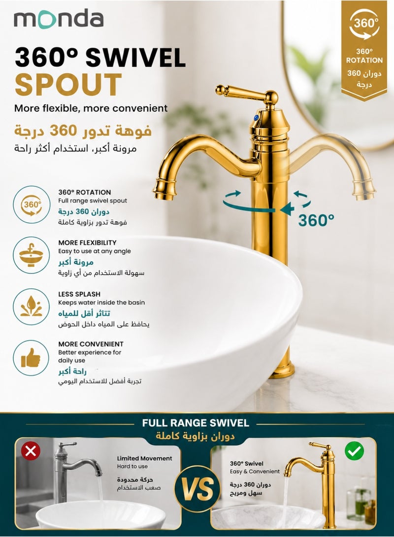 Monda Bathroom Vessel Sink Faucet Polished Gold Single Handle Brass Mixer Tap Tall Bathroom Faucet Hot And Cold Water Basin Faucet With Pop Up Drain 1 Hole Deck Mounted Wash Basin Faucet For Vessel Sink Vanity Countertop Bathroom - Image 4