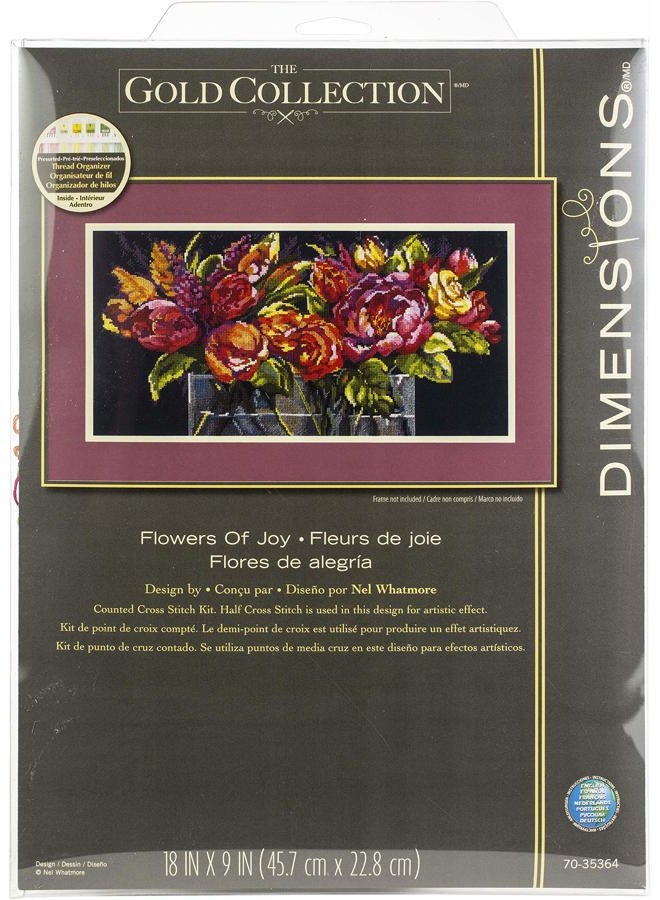 Dimensions 'Flowers of Joy' Counted Cross Stitch Kit Gold Collection, 14 Count Black Aida Cloth, 18'' x 9'' - Image 1