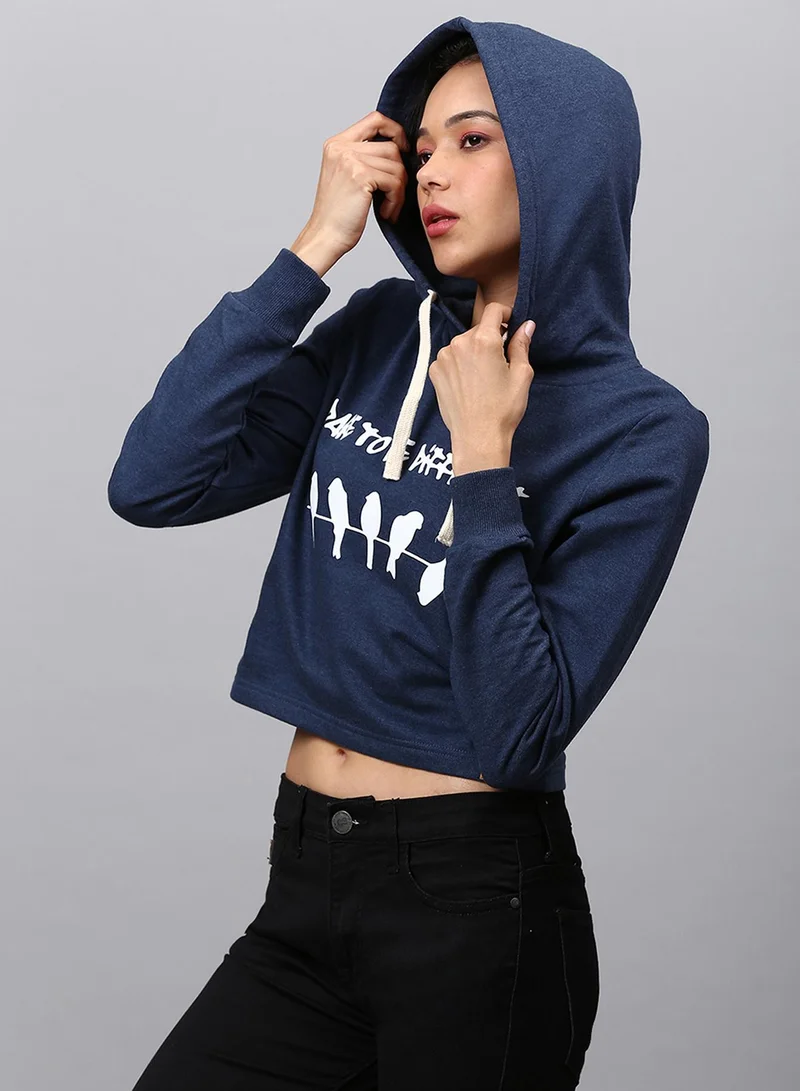 Campus Sutra Women's Midnight Blue To-Be-Different Print Crop Hoodie