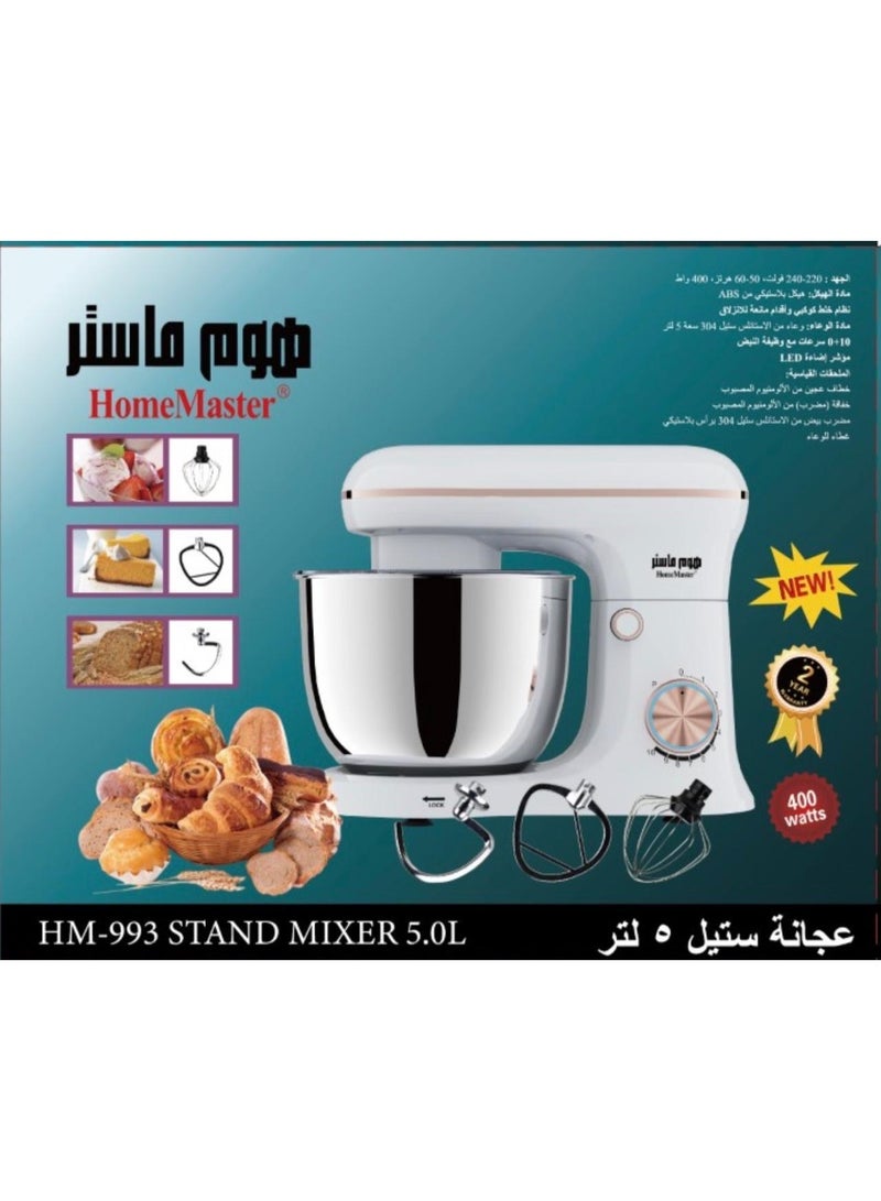 Home Master Stand Mixer With Stainless Steel Bowl 5.0L, 400W, 10 Speeds With Pulse Function, And 4 Accessories( dough hook, beater, egg whisk, and bowl cover), Model HM-993 - Image 1
