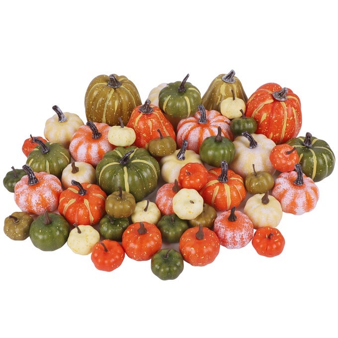 46 PCS ASSORTED SIZE ARTIFICIAL PUMPKINS FALL DECORATIONS MIXEDCOLOR FOAM PUMPKIN AUTUMN DECOR DECORATIVE FAUX PUMPKIN FOR THANKSGIVING TABLE CENTERPIECE MANTLE BOWL WEDDING PARTY