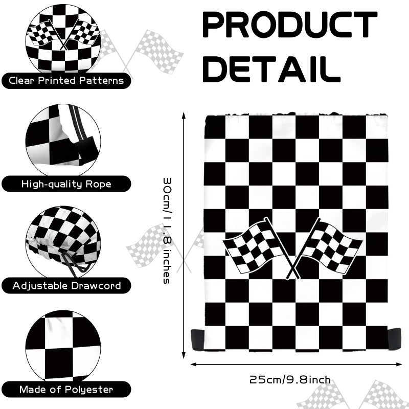 KERINGO 16 PCS Checkered Racing Gift Bags Race Car Party Favors Bag Black and White Drawstring String Bag Backpack Gift Candy Treat Goody Bags for Race Car Themed Birthday Party Supplies - Image 2