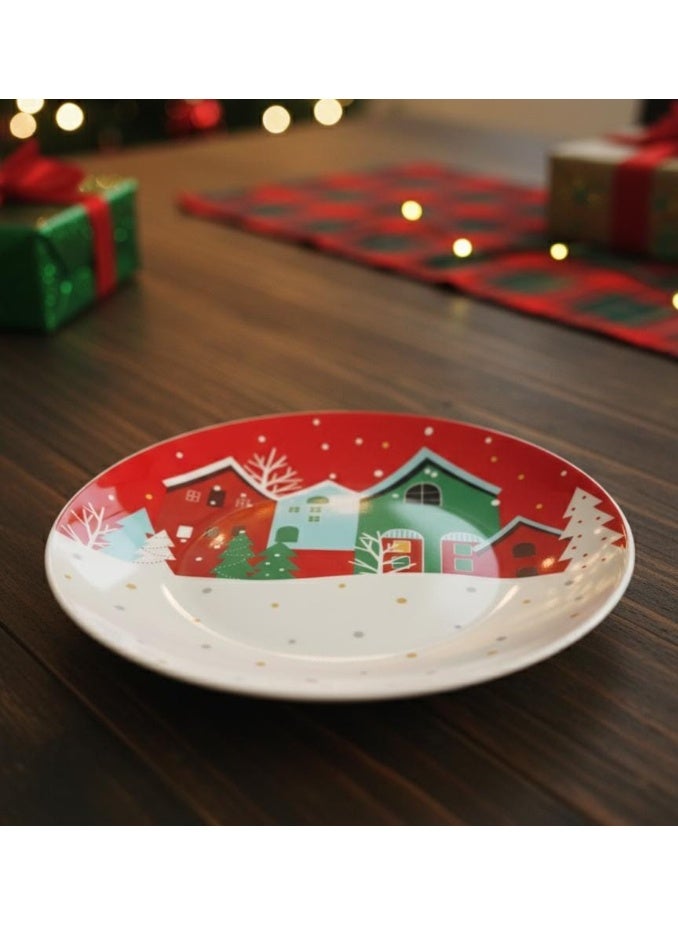 AKDC White Ceramic Round Plate 26 cm – Red Xmas House Design Holiday Plate - Image 2
