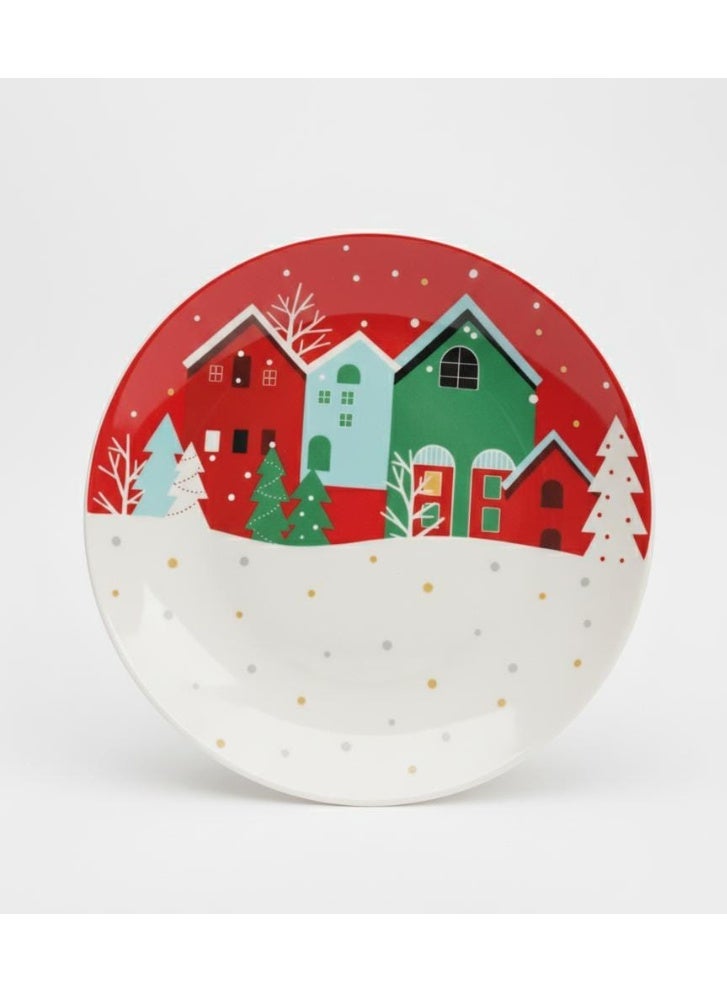 AKDC White Ceramic Round Plate 26 cm – Red Xmas House Design Holiday Plate - Image 1