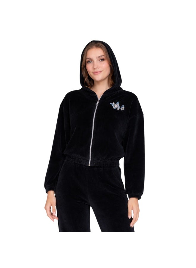 zecotex  Women’s Winter Velvet 2-Piece Pyjama Set - Zip-Up Hoodie Jacket & Long Lounge Pants - Black - Image 2