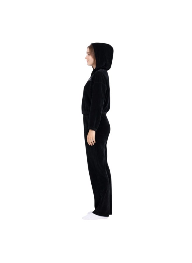 zecotex  Women’s Winter Velvet 2-Piece Pyjama Set - Zip-Up Hoodie Jacket & Long Lounge Pants - Black - Image 3