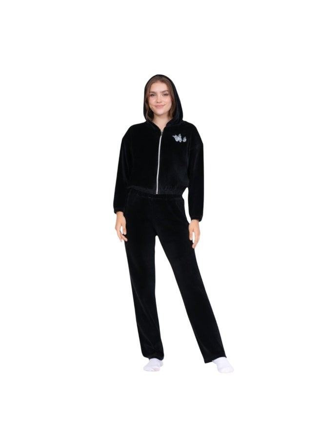zecotex  Women’s Winter Velvet 2-Piece Pyjama Set - Zip-Up Hoodie Jacket & Long Lounge Pants - Black - Image 1