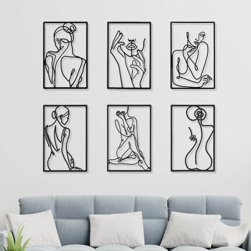 Cindeer Modern Abstract Wall Art 6 Pcs Metal Hanging Sculpture Female Line Art for Bedroom Living Room Decor Black 13 x 11 inches