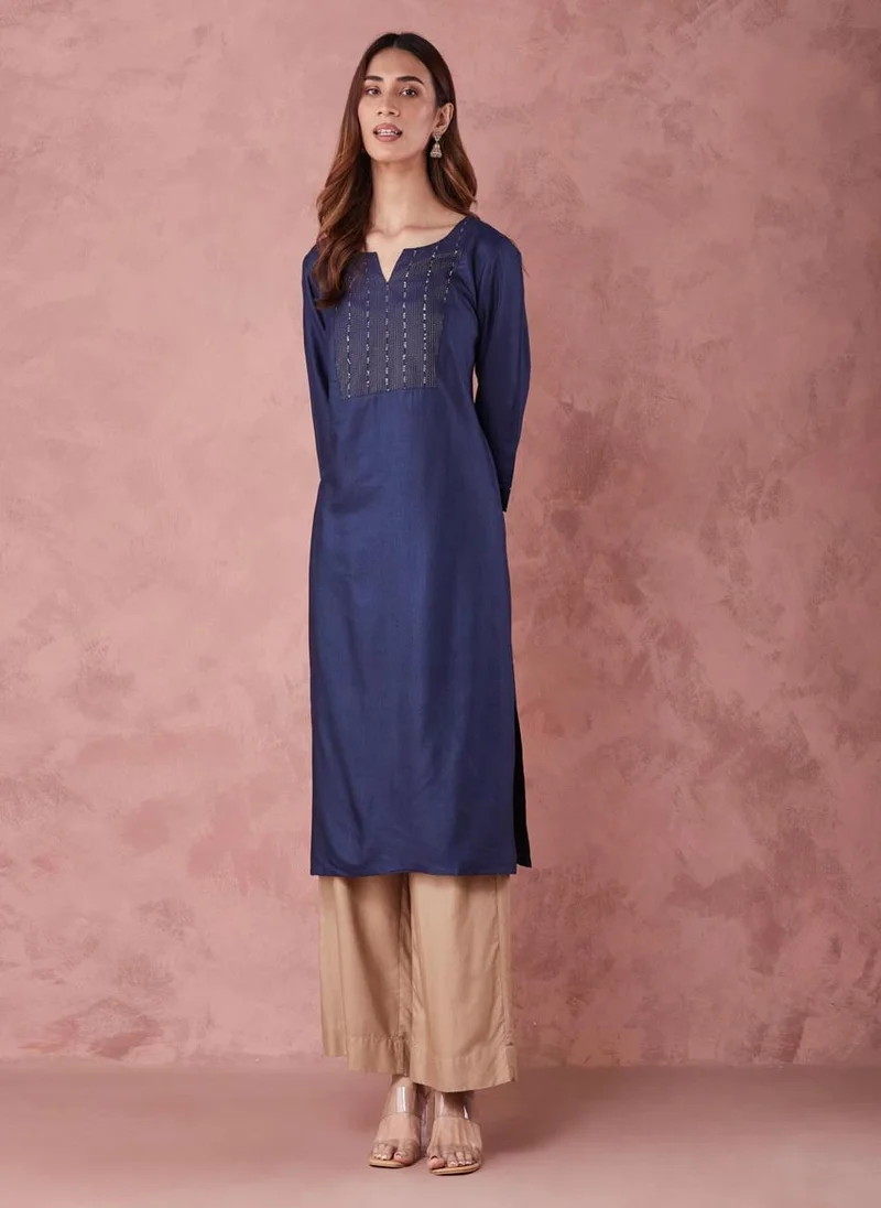 Fabindia Blue Viscose Silk Embroidered Long Kurta