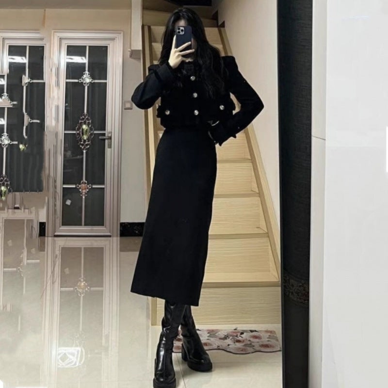 plus size chubby girl xiangfeng two-piece womens spring light luxury socialite short coat rear split skirt suit 200kg Black Coat Black Long Dress