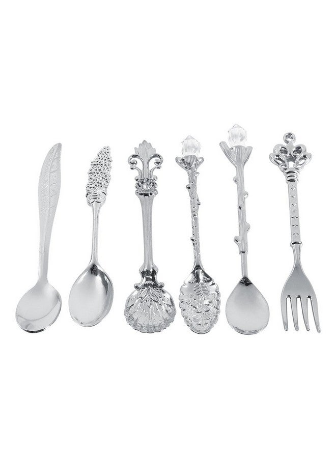Fdit 6Pcs/Set Flatware Vintage Spoon Dessert Coffee Mixing Spoon Teaspoon Ice Cream Spoon Fruit Fork Royal Metal Mini Carved Tableware Fruit Spoon For Kitchen Dining Sweet - Image 1