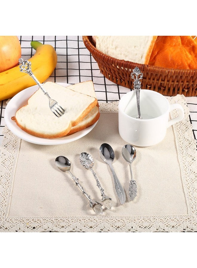 Fdit 6Pcs/Set Flatware Vintage Spoon Dessert Coffee Mixing Spoon Teaspoon Ice Cream Spoon Fruit Fork Royal Metal Mini Carved Tableware Fruit Spoon For Kitchen Dining Sweet - Image 2