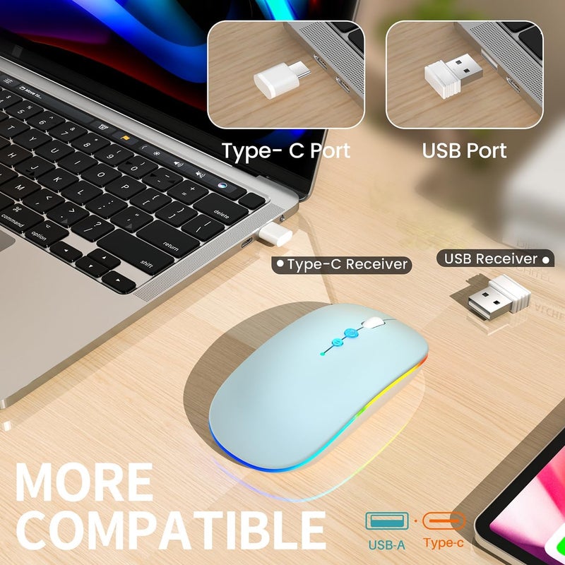 Halpilt LED Wireless Mouse A100S Rechargeable Portable Silent Mouse with Optional USB and Type-C Receiver 3-Speed Adjustable DPI for PC/Mac/Laptop (Frosted Blue) - Image 3