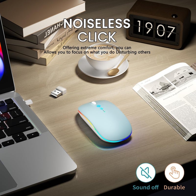 Halpilt LED Wireless Mouse A100S Rechargeable Portable Silent Mouse with Optional USB and Type-C Receiver 3-Speed Adjustable DPI for PC/Mac/Laptop (Frosted Blue) - Image 5